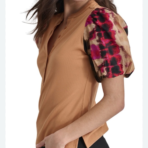 Dkny Tops - DKNY Tan Top with Multicolor Puff Sleeves